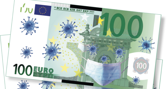 Drei 100 Euro Scheine mit Covid-Masken