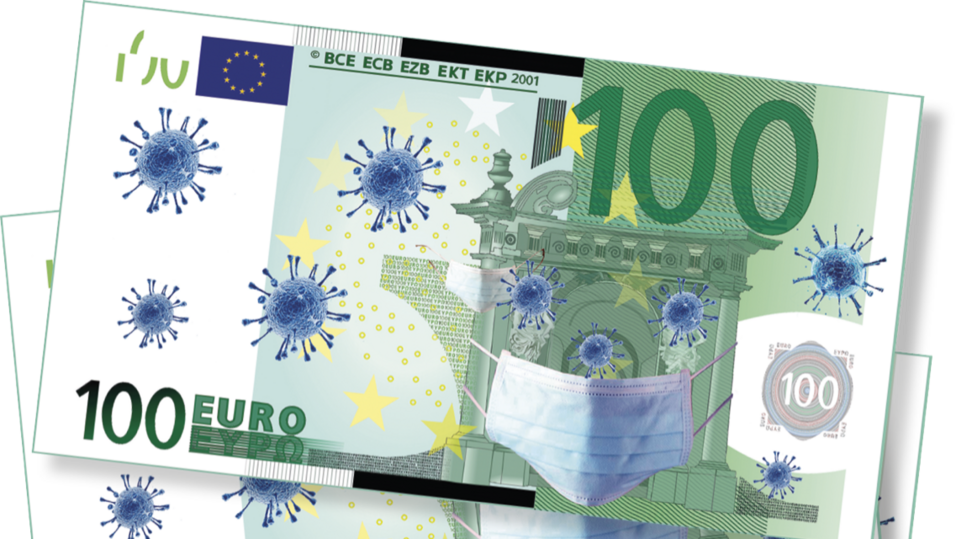 Quelle: shutterstock / 166521338 Drei 100 Euro Scheine mit Covid-Masken